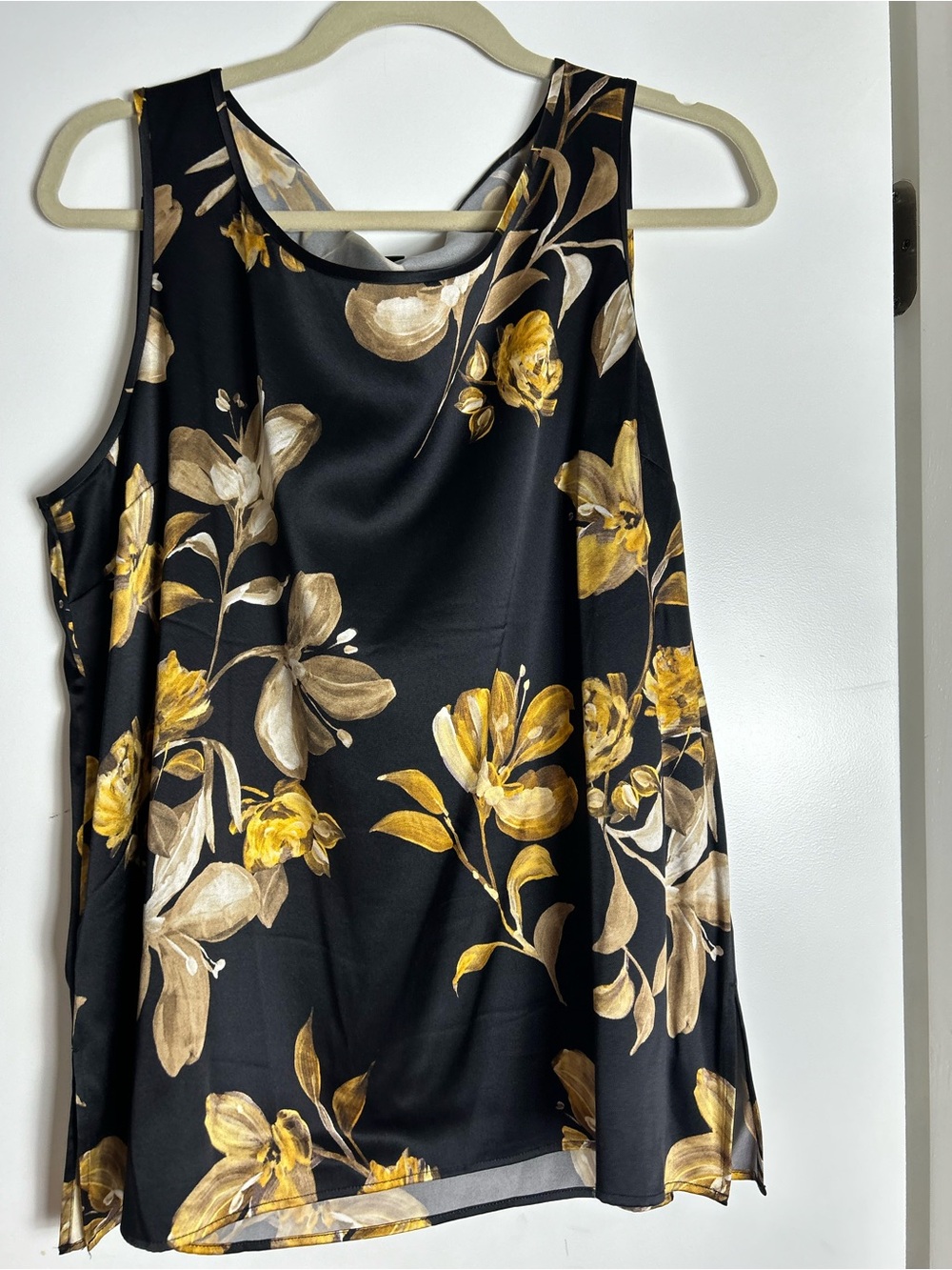 St. John Black Top with Gold and Cream Floral Print